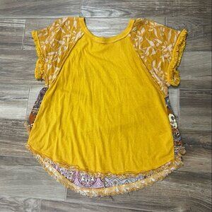 Umgee Mixed Print Top w/ Frayed Edge Trim